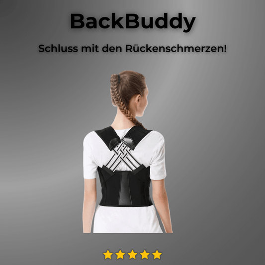 Frau trägt schwarzen BackBuddy-Rückenstützgurt zur Linderung von Rückenschmerzen.